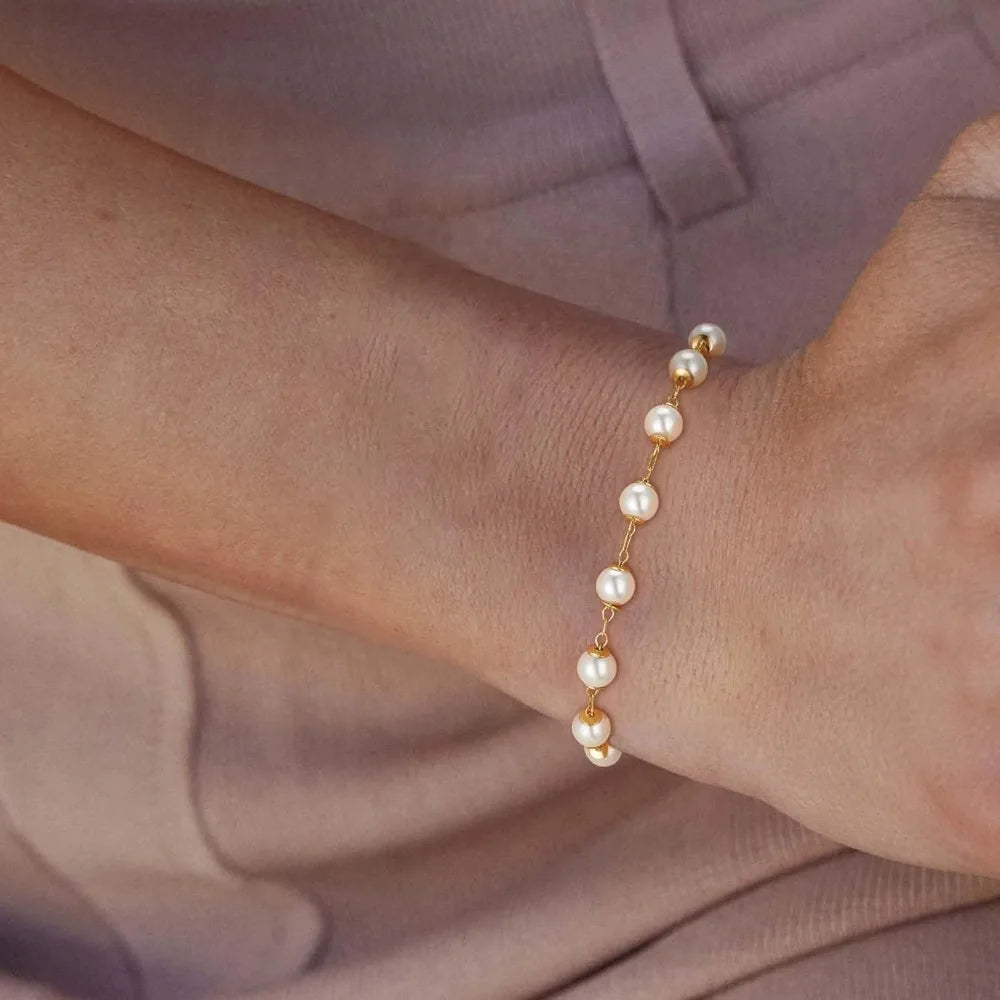 Dainty Pearl Chain Bracelet 14K Gold Plated Minimal Jewelry Gift for Women