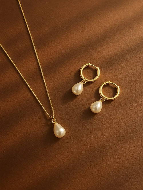 3pcs Stainless Steel Waterproof And Non-Fading Stylish Women's Gold/Silver Water Droplet Pearl Hoop Earrings Necklace Jewelry